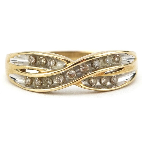 2705 - 9ct gold diamond crossover ring, total diamond weight approximately 0.15 carat, size O, 2.5g