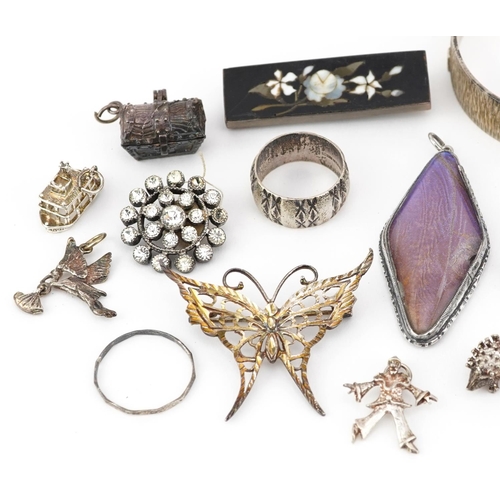 2766 - Antique and later silver jewellery including pietra dura brooch, charms, butterfly wing pendant and ... 