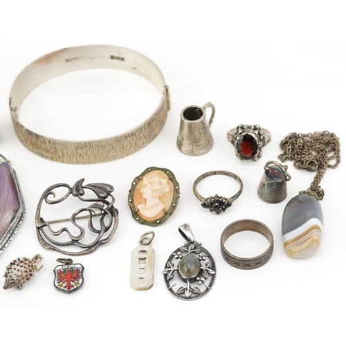 2766 - Antique and later silver jewellery including pietra dura brooch, charms, butterfly wing pendant and ... 