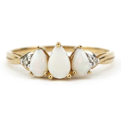 2575 - 9ct gold teardrop opal and diamond ring, size P, 1.3g