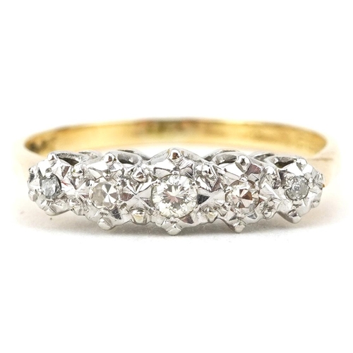 2073 - 18ct gold and platinum graduated diamond five stone ring, size O, 2.2g