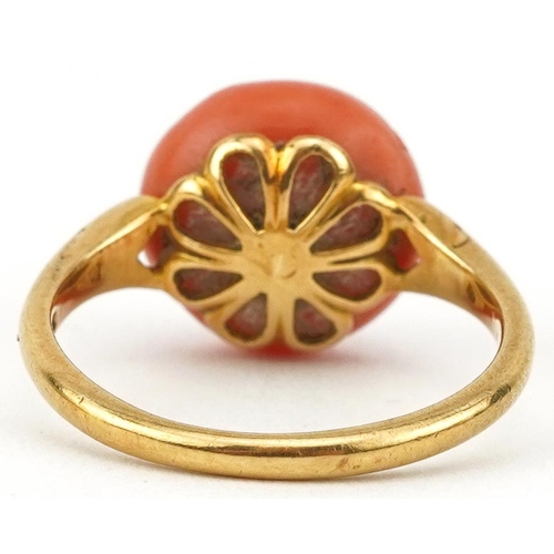 2594 - Antique 18ct gold pink coral ring, size F, 3.3g