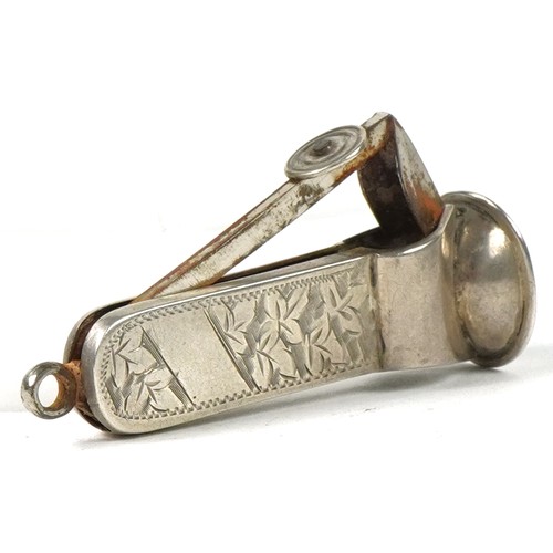 292A - Antique silver mounted cigar cutter engraved with foliage, indistinct hallmarks, 4.5cm in length, 9.... 