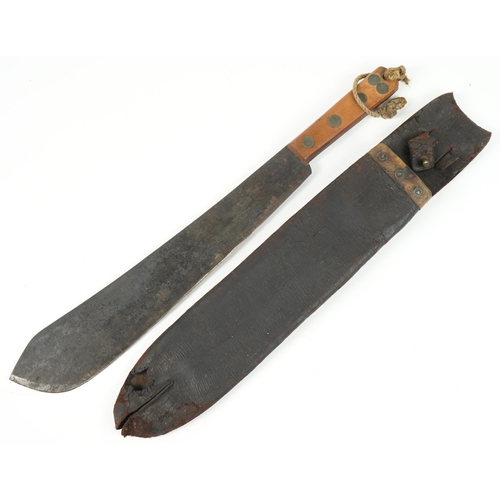 482 - Military interest World War I machete with leather sheath and steel blade impressed Samuel Kitchen S... 