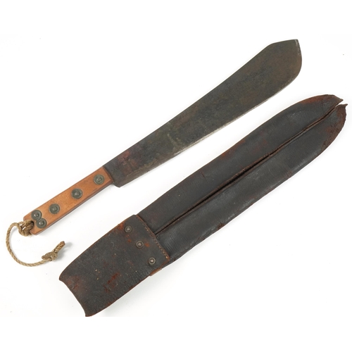 482 - Military interest World War I machete with leather sheath and steel blade impressed Samuel Kitchen S... 