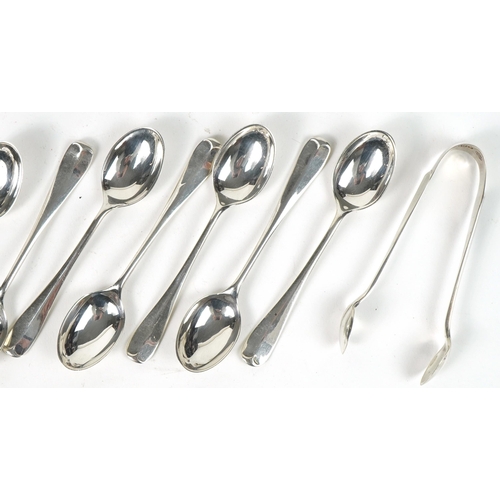 1168 - William Hutton & Sons Ltd, set of twelve George V silver teaspoons with matching sugar tongs housed ... 