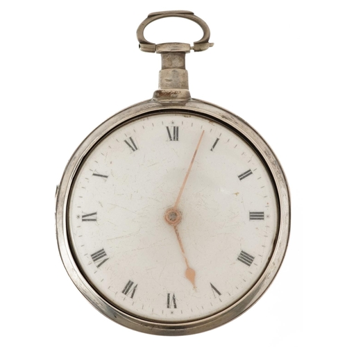 2699 - Grant, George III silver pair cased pocket watch with enamelled dial, the back case engraved Present... 