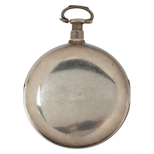 2699 - Grant, George III silver pair cased pocket watch with enamelled dial, the back case engraved Present... 