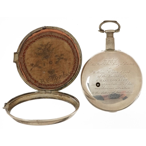 2699 - Grant, George III silver pair cased pocket watch with enamelled dial, the back case engraved Present... 