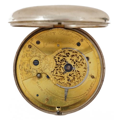 2699 - Grant, George III silver pair cased pocket watch with enamelled dial, the back case engraved Present... 