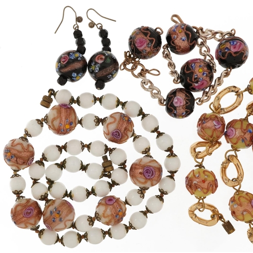 2783 - Italian Murano hand painted glass bead jewellery comprising two necklaces, bracelet and pair of earr... 