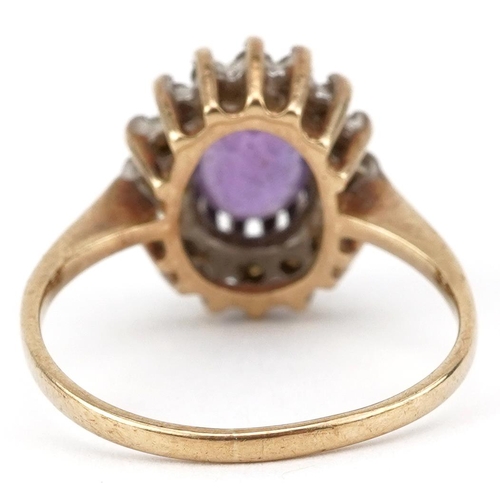 2103 - 9ct gold amethyst and cubic zirconia cluster ring, size M, 2.8g