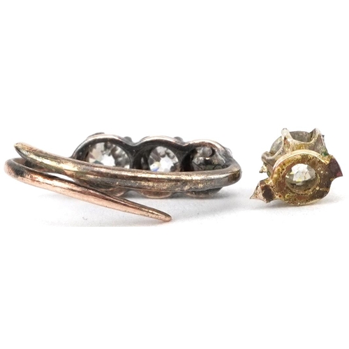 2747 - Unmarked gold diamond three stone clasp and one other diamond solitaire, the largest diamond approxi... 