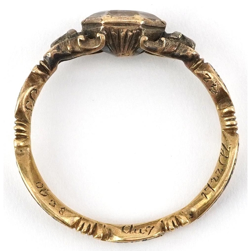 2001 - George III unmarked gold clear stone and black enamel mourning ring inscribed ABT Martin OB 15 Nov 1... 