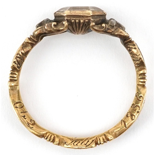 2001 - George III unmarked gold clear stone and black enamel mourning ring inscribed ABT Martin OB 15 Nov 1... 