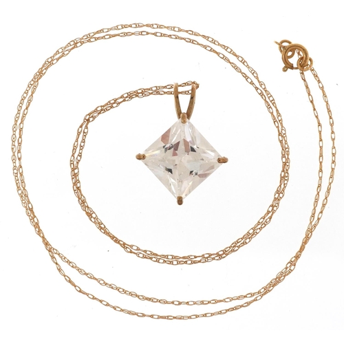 2187 - Unmarked gold clear stone pendant on a 9ct gold necklace, 1.8cm high and 38cm in length, 1.9g