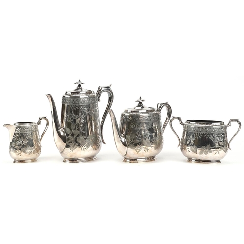 289 - Walker & Hall aesthetic four place silver plated tea set engraved with leaves comprising coffee pot,... 