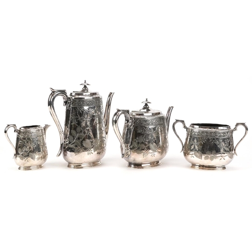 289 - Walker & Hall aesthetic four place silver plated tea set engraved with leaves comprising coffee pot,... 