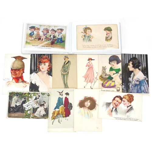 1445 - Early 20th century and later comical postcards arranged in an album including Donald McGill examples