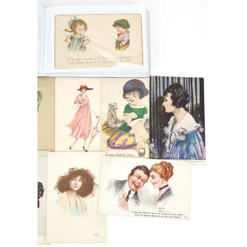 1445 - Early 20th century and later comical postcards arranged in an album including Donald McGill examples