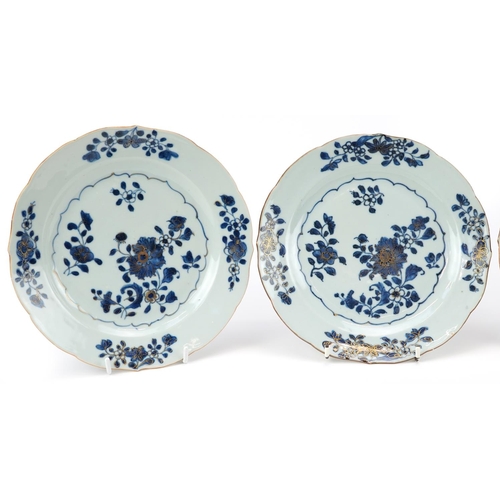 158 - Three Chinese blue and white porcelain plates hand painted and gilded with flowers, each 22.5cm in d... 