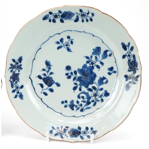 158 - Three Chinese blue and white porcelain plates hand painted and gilded with flowers, each 22.5cm in d... 