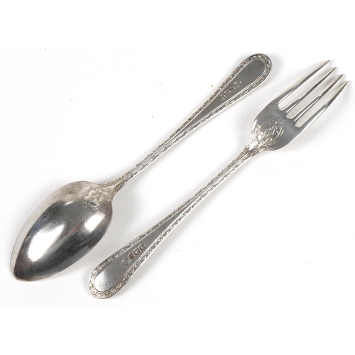 1131 - John Round & Son Ltd, Victorian silver fork and spoon christening set housed in a velvet and silk li... 