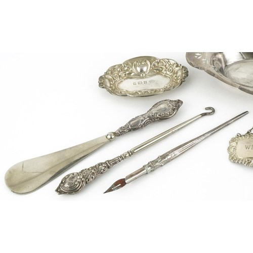 190 - Edwardian and later silver objects including sweetmeat dishes and set of three decanter labels, the ... 