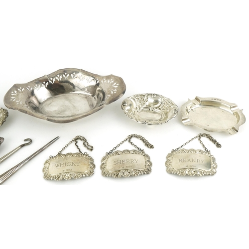 190 - Edwardian and later silver objects including sweetmeat dishes and set of three decanter labels, the ... 