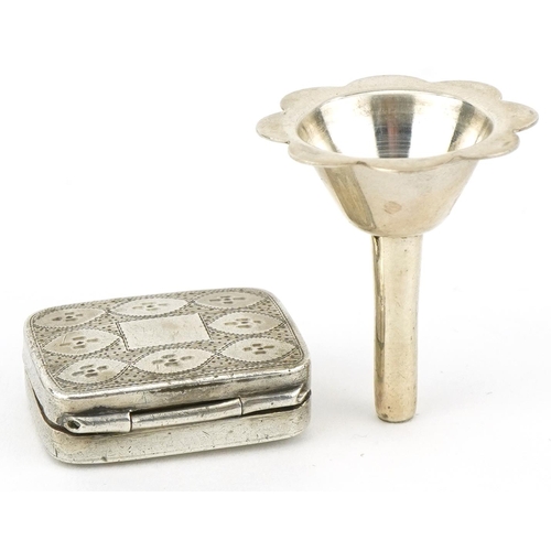 1110 - Silver objects including a George III silver pillbox with gilt interior and a bookmark in the form o... 