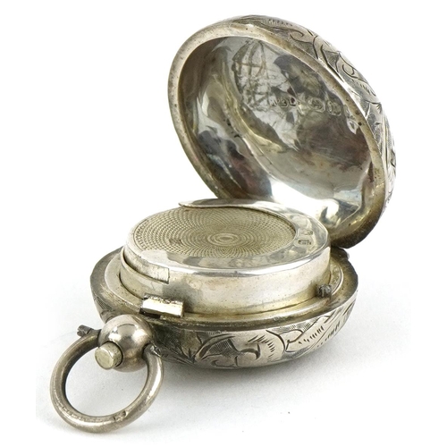 1106 - Circular silver sovereign case and an embossed silver pillbox with hinged lid, the largest 3.3cm in ... 