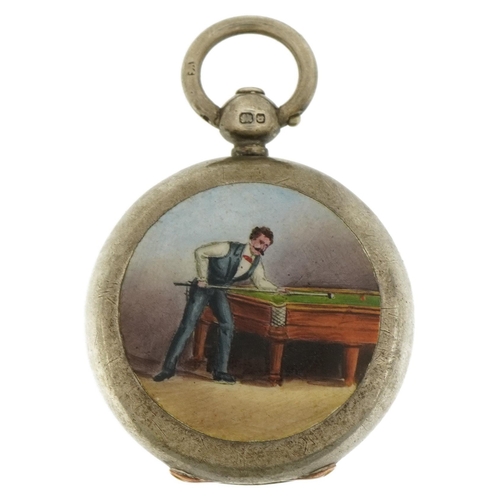 42 - Victorian silver sovereign case enamelled with a snooker player, WHS maker's mark, Birmingham 1895, ... 