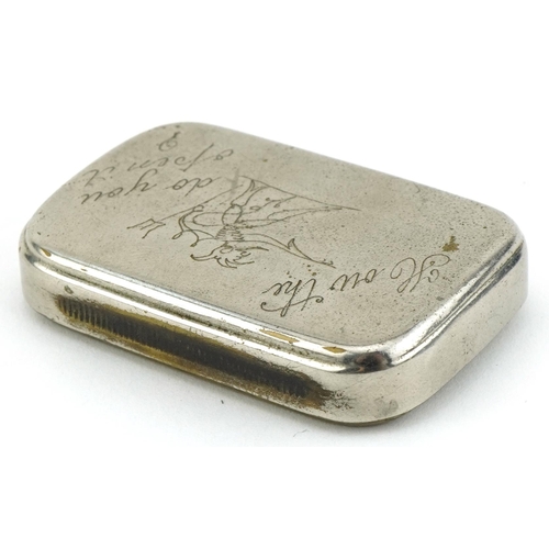 184 - Vintage white metal squeeze vesta engraved How the devil do you open it, 5.2cm wide, 28.4g