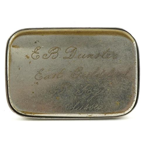 184 - Vintage white metal squeeze vesta engraved How the devil do you open it, 5.2cm wide, 28.4g