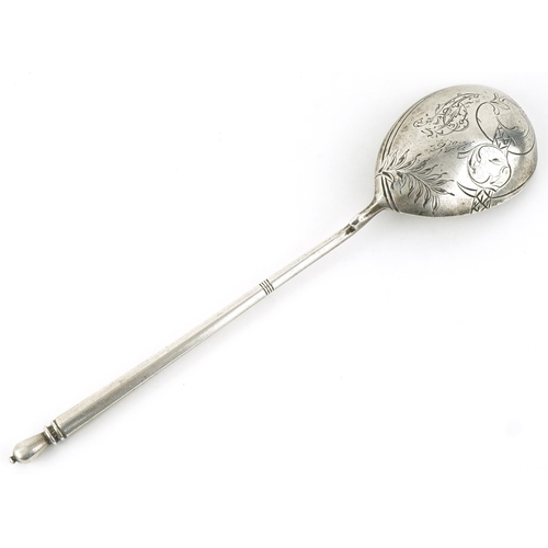 136 - Russian silver presentation spoon, with engraved bowl, impressed marks, 21cm in length, 64.6g