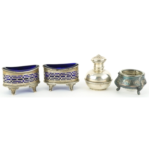 41 - Pair of Edwardian silver salts with blue glass liners, silver caster and a white metal salt with cle... 