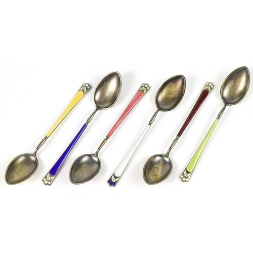 43 - Marius Hammer, set of six mid century Danish 930S silver and guilloche enamel teaspoons housed in a ... 