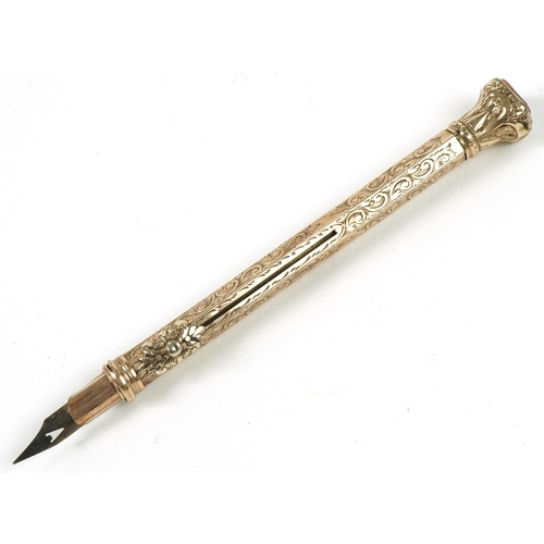 Victorian unmarked gold combination propelling pencil and dip pen with hardstone seal top end, 21.8g