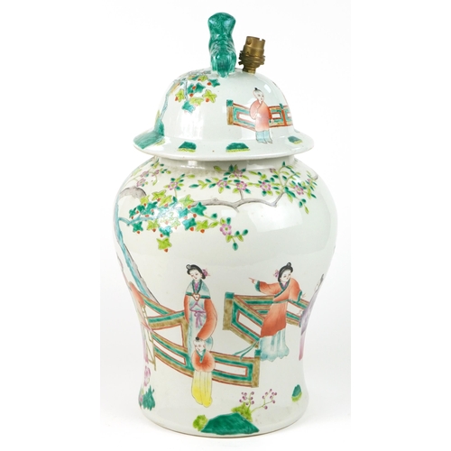 1092 - Chinese porcelain baluster vase table lamp hand painted in the famille rose palette with figures in ... 