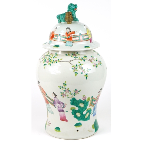 1092 - Chinese porcelain baluster vase table lamp hand painted in the famille rose palette with figures in ... 