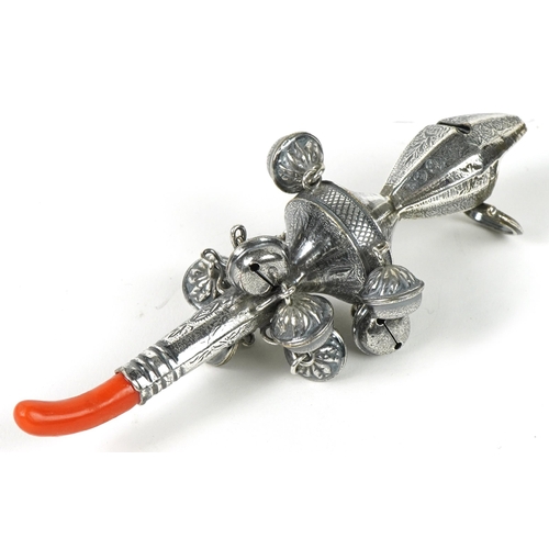 194 - Victorian style 800 grade silver baby's rattle whistle with coral teether, 13.5cm in length, 47.3g