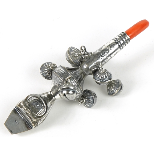 194 - Victorian style 800 grade silver baby's rattle whistle with coral teether, 13.5cm in length, 47.3g