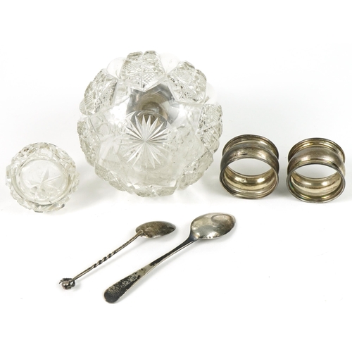 134 - Edwardian and later silver objects including a large globular cut glass scent bottle with silver lid... 