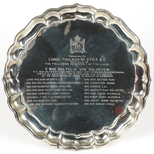 153 - Indian silver masonic interest tray, engraved Lodge Phulkian no 3764, 31cm in diameter, 380.0g