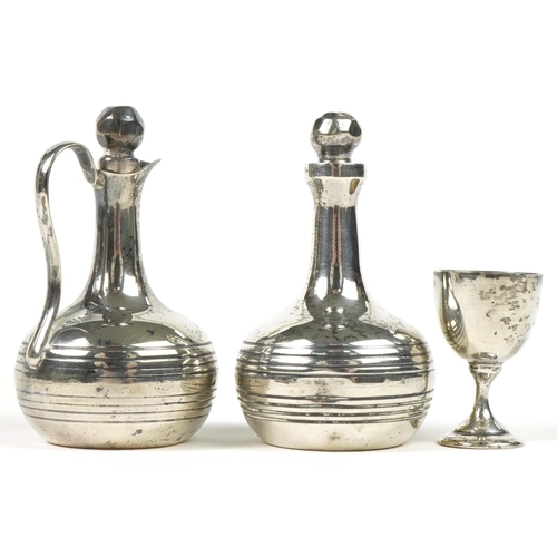 226 - Miniature silver objects including oval tray, claret jug, decanter, goblet and funnel, various hallm... 