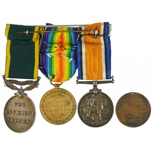 414 - British military World War I three medal group and a peace medallion, the medals comprising World Wa... 