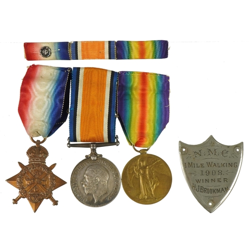 415 - British military World War I trio with plaque, the trio awarded to M1-08368PTE.H.J.BROOKMAN.A.S.C.