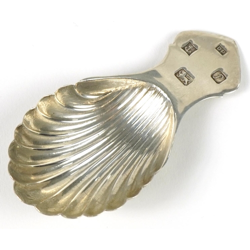 266 - Douglas Pell Silverware, Elizabeth II silver shell shaped caddy spoon, Birmingham 1989, 8cm in lengt... 