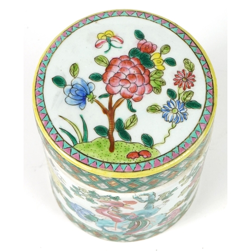 1089 - Chinese Canton porcelain cylindrical box and cover hand painted in the famille rose palette with bir... 