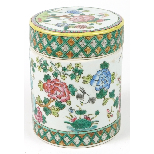 1089 - Chinese Canton porcelain cylindrical box and cover hand painted in the famille rose palette with bir... 